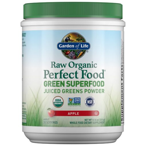 Garden of Life Raw Organic Perfect Food Green Superfood Juiced Greens Powder - Apple Flavor, 30 Servings - Vegan Gluten Free Whole Food Dietary Supplement, Greens Plus Probiotics & Enzymes 30 Servings (Pack of 1)