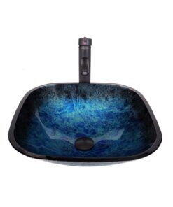 Elecwish Square Artistic Tempered Glass Vessel Sink Combo with Oil Rubber Bronze Faucet & Pop up Bathroom Bowl Ocean Blue (1/2" Compression) 18 71n5Rf9HnL