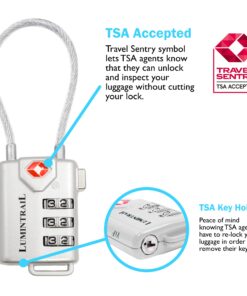 Lumintrail TSA Approved Lock for Luggage or Suitcase, Easy-to-Read 3 Digit Personalized Combination, Metal Travel Suitcase Luggage Lock, Silver, with a 4-FT Braided Steel Cable (2 Pack) Silver, 2 Pack (Lock & Cable) 9 71n5Uo3jMoL