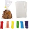 Brandon-super 100 Pcs 8 in x 6 in Clear Flat Cello Cellophane Treat Bags Good for Bakery,Popcorn,Cookies, Candies,Dessert, Birthday 1.4mil.Give Metallic Twist Ties! 6x8 Inch (Pack of 100)