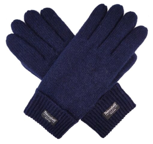 BRUCERIVER Men's Pure Wool Knitted Gloves with Thinsulate Lining Navy Small-Medium