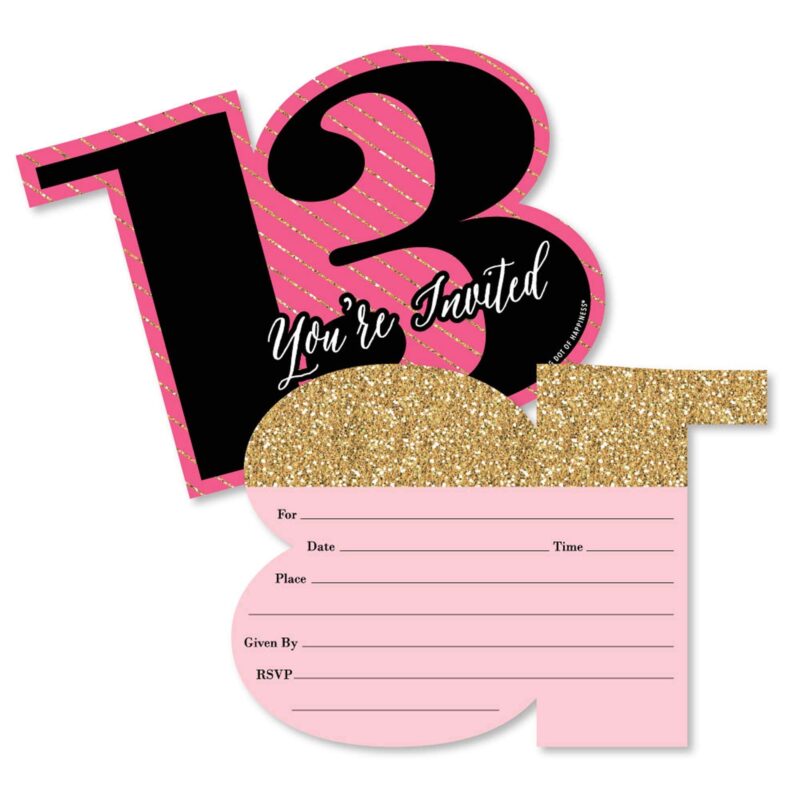Big Dot of Happiness Chic 13th Birthday - Pink, Black and Gold - Shaped Fill-In Invitations - Birthday Party Invitation Cards with Envelopes - Set of 12