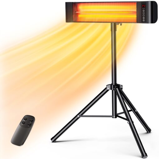 VAGKRI Outdoor Heaters, 1s Heating Electric Infrared Patio Heaters with Remote, 12H Timer, 3 Heat Levels, IP65 Waterproof, Electric Wall Heaters with Tripod Stand for Home, Office, Patio and Garage Black