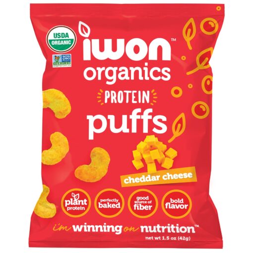 IWON Organics Cheddar Cheese Flavor Protein Puff, High Protein and Organic Healthy Snacks, 8 Bags