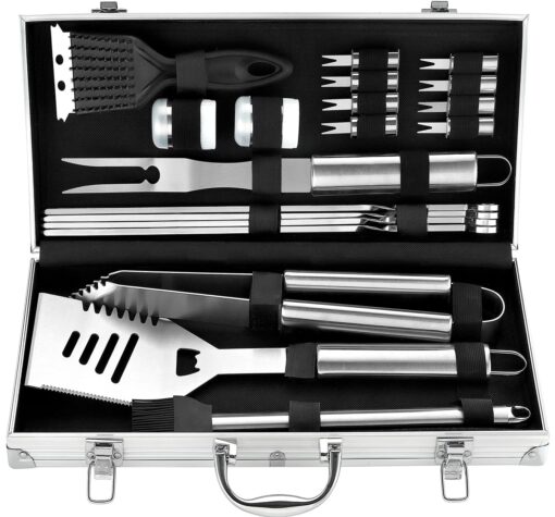 ROMANTICIST 20pc Heavy Duty BBQ Grill Tool Set in Case - The Very Best Grill Gift on Birthday Wedding - Professional BBQ Accessories Set for Outdoor Cooking Camping Grilling Smoking SILVER