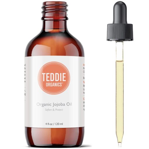 Teddie Organics Golden Jojoba Oil 100% Pure Organic Cold Pressed and Unrefined 4oz - Natural Moisturizer for Face Hair and Sensitive Skin, Carrier Oil for Essential Oils 4 Fl Oz (Pack of 1)