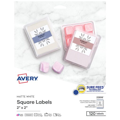 Avery Printable Blank Square Labels, 2" x 2", Matte White, 120 Customizable Labels (22816) 120 Labels