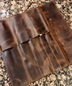 Hide & Drink, Rustic Knife Roll Case (5 pockets), Compact Carry-On Bag for Traveling Chefs & Cooks, Kitchen Tool Storage Organizer, Full Grain Leather, Handmade, Bourbon Brown 26 71nUL8bn2yL