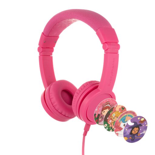 BuddyPhones Explore+, Volume-Limiting Kids Headphones, Built-in Audio Sharing Cable with in-Line Mic, for Kindle, iPad, iPhone, or Android, Rose Pink