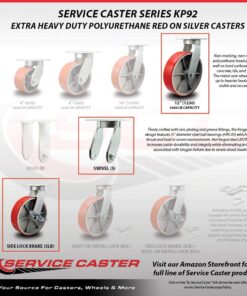 Extra Heavy Duty Kingpinless 12” x 3” Red Polyurethane Tread on Metal Core Caster Set of 4-2 Swivel w/Brakes & Bolt on Swivel Locks/2 Swivel with Brakes - 14,000 lbs. Total Capacity-Service Caster 12" Wheel 4 Swivel w/4 Brakes & 2 Swivel Locks 8 71nlndgIBML