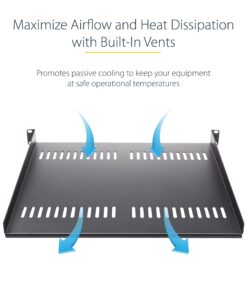 StarTech.com 1U Server Rack Shelf - Universal Vented Rack Mount Cantilever Tray for 19" Network Equipment Rack & Cabinet - Heavy Duty Steel - Weight Capacity 50lb/23kg - 10" Deep, Black (CABSHELFV1U) 10" Depth 17 71nwlJvidXL 1