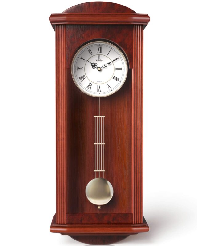 Catalog 4 Pendulum Wall Clock, Silent Decorative Wood Clock with Swinging Pendulum, Battery Operated, Large Red Wooden Design, for Living Room, Kitchen, Office & Home Décor, 26.75 x 11.5 inches Red Wood