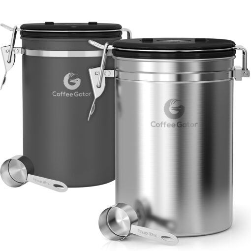 Coffee Canister - Coffee Gator Stainless Steel Coffee Container - Fresher Beans and Grounds for Longer - Date-Tracker, CO2-Release Valve and Measuring Scoop - 2-Pack, Silver/Gray Gray/Silver 22oz