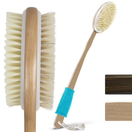 Vive Back Scrubber Brush for Shower - for Dry or Wet Body Brushing - Long Handle - Cleaning Lymphatic Drainage Handled Washer for Men, Women - Showering Bathing Exfoliator with Soft & Stiff Bristles Light Wood