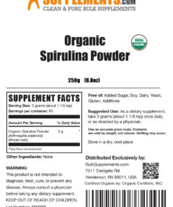 BulkSupplements.com Organic Spirulina Powder - Blue Green Algae - Organic Superfood Powder - Green Powder Superfood - 3g of Pure Organic Spirulina per Serving (250 Grams - 8.8 oz) 8.81 Ounce (Pack of 1) 9 71oRzmi9A9L
