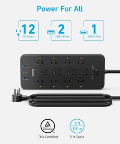 Alternative view of Surge Protector Power Strip (2100J), Anker 12 Outlets with 1 USB C and 2 USB Ports foriPhone 15/15 Plus/15 Pro/15 Pro Max, 5ft Extension Cord, Flat Plug, 20W USB C Charging for Home, Office,TUV Listed 5 FT Black