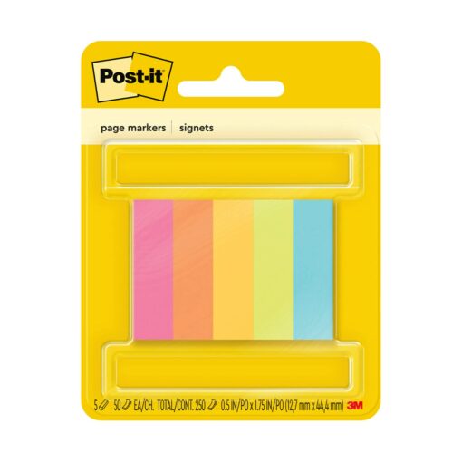 Post-it Page Markers, Assorted Colors , 1/2 in x 2 in, 50 Sheets/Pad, 5 Pads/Pack (670-5AF)