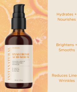 InstaNatural Hyaluronic Acid Face Serum, Brightens, Hydrates, Reduces the Look of Fine Lines and Wrinkles, with Vitamin C, Jojoba Oil, and Aloe Vera, 2 Fl Oz Hyaluronic Acid Serum 24 71oegma1JNL