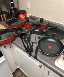 T-fal Initiatives Nonstick Cookware Set 18 Piece Oven Safe 350F Pots and Pans, Dishwasher Safe Red 18-Piece 41 71on3wy CLL