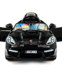 Moderno Kids Kiddie Roadster 12V Power Children Ride-On Car with R/C Parental Remote + Leather Seat 5 Point Seat Belt + LED Wheels + MP3 USB Music Player + Baby Tray Table + Rubber Floor Mats (Black) Black