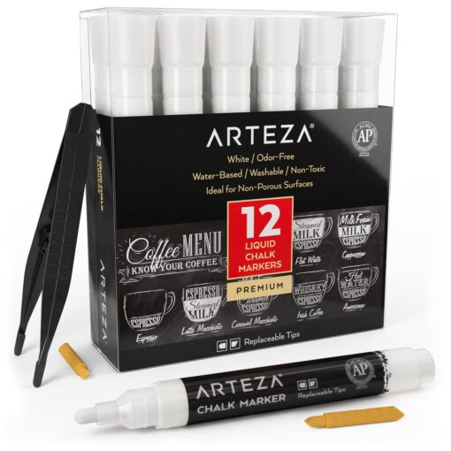 ARTEZA Liquid White Chalk Markers Set of 12, Fine Tip, Includes 12 Replaceable Chisel Tips & 1 Tweezer, Dust-Free & Washable Water-Based Pens for Chalkboards, Car Windows, Menu Boards & Signs