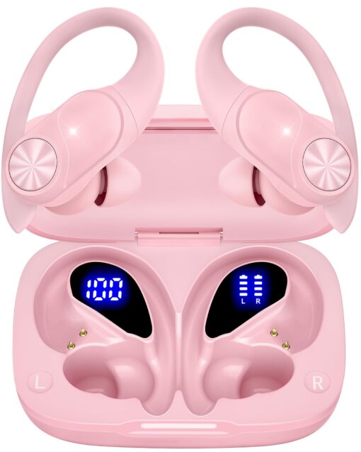 Bluetooth Headphones Wireless Earbuds 80hrs Playtime Wireless Charging Case Digital Display Sports Ear buds with Earhook Premium Deep Bass IPX7 Waterproof Over-Ear Earphones for TV Phone Laptop Pink M