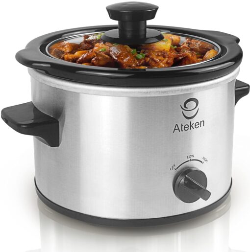 Ateken Slow Cooker 1.5 Quart with Removable Ceramic Pot Dishwasher Safe Stainless Steel Sliver… Frosted