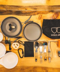Gold Armour 17 Pieces Camping Cookware Mess Kit Backpacking Hiking Outdoors Gear - Lightweight Cookset, Compact, Durable Pot Pan Bowls, Essential Camping Accessories Equipment Gear (Black) 29 71p9jJ3xodL