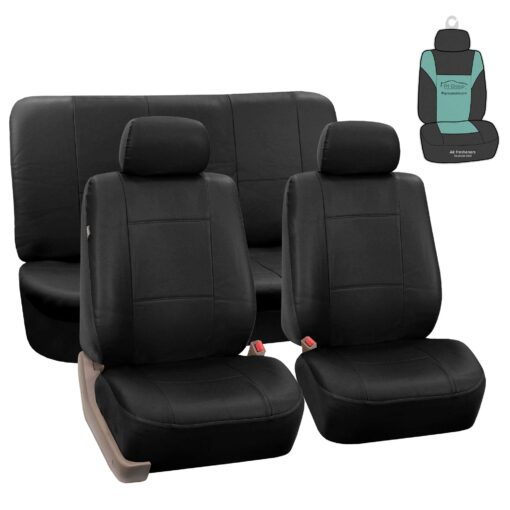 FH-PU002-1114 Classic Exquisite Leather Car Seat Covers, Airbag compatible and Split Bench, Solid Black color