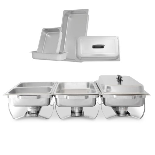 Complete Stainless Steel Chafing Dish Set by TigerChef, Buffet Food Warmer with Foldable Frame, Fuel Holders with Covers, Food Pans, Water Pan, Elegant Buffet Set for Parties, 8 Qt Capacity, Set of 3 2 Half Inserts