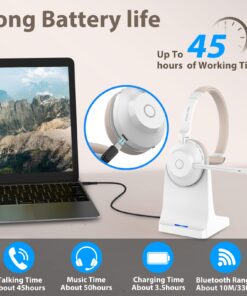 Bluetooth Headset, Wireless Headphones with Microphone Noise Canceling & USB Dongle, Wireless Headset with Mic Mute & Charging Base for PC/Phones/Zoom/Skype/MS Teams/Google Meet Work Headset Light Brown 23 71pNIg0MrKL