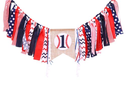 Baseball Banner for 1 St Birthday - First Birthday Decorations for Baseball Rag Tie Fabric Garland, Photo Booth Props Red White Blue, Birthday Souvenir and Gifts for Boy