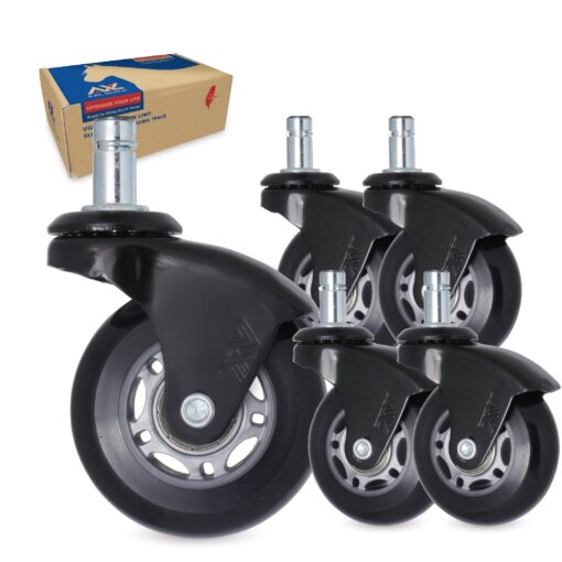 AXL 2.5 Inch Office Chair Caster Wheels Replacement, PU Style Caster, Desk Chair Floor Protector, No Noise, Heavy Duty Casters for Hardwood Floors (Set of 5) (Black Feet, Grey/Black) Black Feet