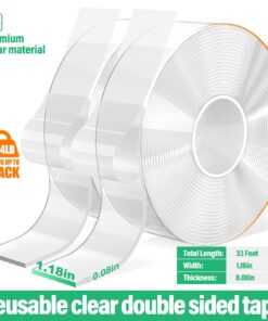 CREGEAR Heavy Duty Double Sided Tape(2 Roll of 16.5Ft), 1.18" Extra Large Nano Adhesive Tape, Clear Mounting Tape Strong Adhesive Strip, Removable Wall Hanging Tape Sticky Carpet Photo Frame Poster 16.5FT 2Pack 15 71pSA496H L