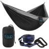 Esup Single & Double Camping Hammock -Lightweight Nylon Portable Hammock, Best Parachute Hammock with Tree Straps for Backpacking, Camping, Travel Black / Gray 118"(L) x 78"(W)