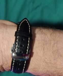 iStrap Leather Watch band -Alligator Grain Embossed Pattern Calfskin Replacement Strap-Stainless Steel Deployment Buckle with Push Buttons-Bracelet for Men Women-18mm 19mm 20mm 21mm 22mm 24mm Black/Tan Stitch-Silver 39 71pcp34uJ1L