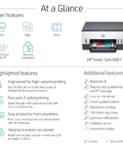 HP Smart -Tank 6001 Wireless Cartridge-Free all in one printer, this ink -tank printer comes with up to 2 years of ink included, with mobile print, scan, copy (2H0B9A) 46 71pf6LLhL