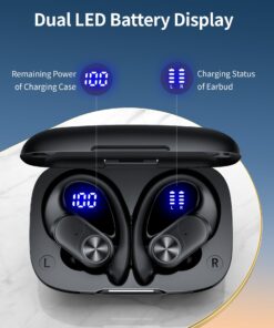Bluetooth Headphones Wireless Earbuds 80hrs Playtime Wireless Charging Case Digital Display Sports Ear buds with Earhook Premium Deep Bass IPX7 Waterproof Over-Ear Earphones for TV Phone Laptop Black M 25 71pgeUfsFL