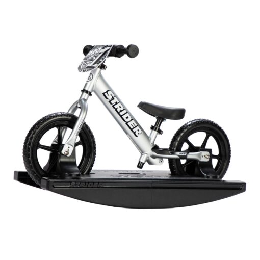 Strider 12” Pro Bike + Rocking Base - Helps Teach Baby How to Ride a Balance Bicycle - for Kids 6 Months to 5 Years - Easy Assembly & Adjustments Silver