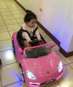 Moderno Kids Kiddie Roadster 12V Power Children Ride-On Car with R/C Parental Remote + Leather Seat 5 Point Seat Belt + LED Wheels + MP3 USB Music Player + Baby Tray Table + Rubber Floor Mats (Pink) Pink 81 71po7tiKeFL 1