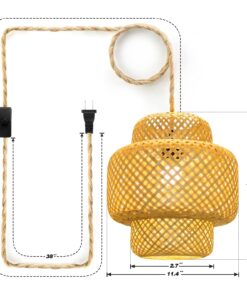 Plug in Pendant Light, Rattan Hanging Lights with Plug in Cord, Hand Woven Bamboo Lampshade Hanging Lamp with 15ft Hemp Rope, On/Off Switch, Plug in Pendant Light Fixture for Living Room Bedroom 29 71pw SKwUiL