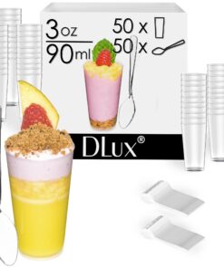 DLux 50 x 3 oz Mini Dessert Cups with Spoons, Shooter - Clear Plastic Parfait Appetizer Cup - Small Reusable Shot Glass for Tasting Party Shooters Desserts Appetizers - With Recipe Ebook 50 cups + 50 spoons 23 71q0CnPoPbL