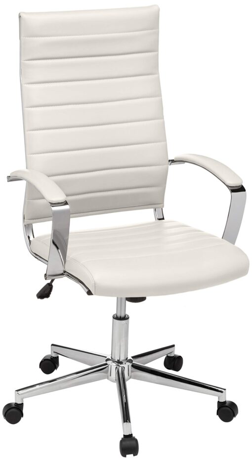 Amazon Basics High-Back Executive Swivel Office Desk Chair with Ribbed Puresoft Upholstery, Lumbar Support, Modern Style, 23.9"D x 24.69"W x 41.5"H, Stunning White