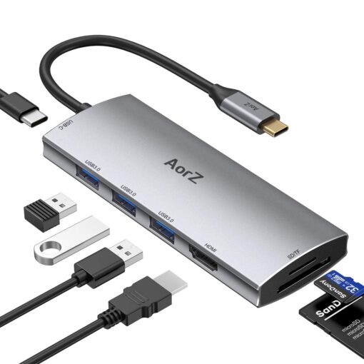 USB C Hub, USB Hub to HDMI Multiport AorZ USB C Dongle Adapter 7 in 1 with 4K HDMI Output,3 USB 3.0 Ports,SD/Micro SD Card Reader,100W PD,Compatible with MacBook Pro Air HP XPS and More Type C Device Grey