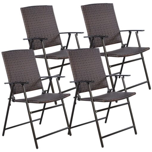 Tangkula 4 PCS Folding Patio Chair Set Outdoor Pool Lawn Portable Wicker Chair with Armrest & Footrest Durable Rattan Steel Frame Commercial Foldable Stackable Party Wedding Chair Set (24X23X37) 24X23X37