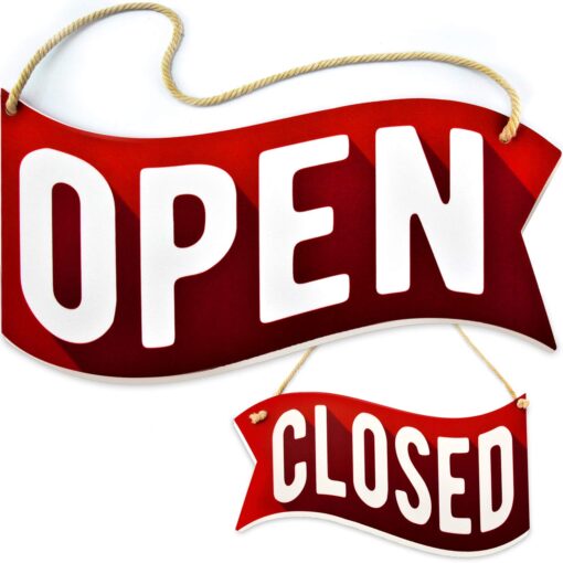 Bigtime Signs Open Closed Sign For Business Door - PVC 6.25" x 11.5" Reversible Double Sided with Rope for Hanging - Red Background Open Signs For Business Decor | Waving Banner Style Door Mount Sign