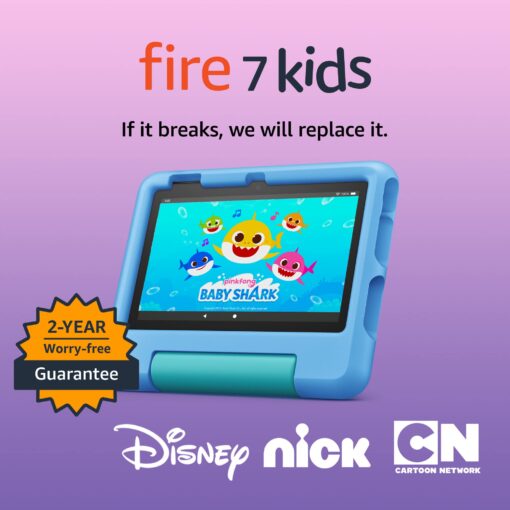 Amazon Fire 7 Kids tablet, ages 3-7. Top-selling 7" kids tablet on Amazon - 2022 | ad-free content with parental controls included, 10-hr battery, 16 GB, Blue 1-year Amazon Kids+ Subscription