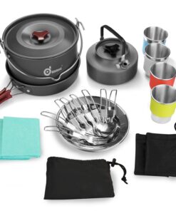 Odoland 22pcs Camping Cookware Mess Kit, Large Size Hanging Pot Pan Kettle with Base Cook Set for 4, Cups Dishes Forks Spoons Kit for Outdoor Camping Hiking Picnic 33 71qaoW6gXoL