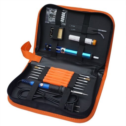 Sywon Full Set 60W 110V Electric Soldering Iron Kit with Adjustable Temperature Welding Iron, 5pcs Tips, Desoldering Pump, 2pcs Tweezers, Tin Wire Tube, Stand and 6pcs Aid Tools in PU Carry Bag