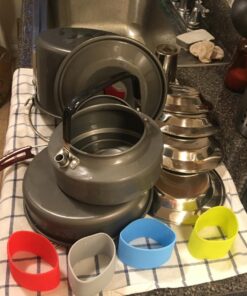 Odoland 22pcs Camping Cookware Mess Kit, Large Size Hanging Pot Pan Kettle with Base Cook Set for 4, Cups Dishes Forks Spoons Kit for Outdoor Camping Hiking Picnic 49 71qk7XSd 4L